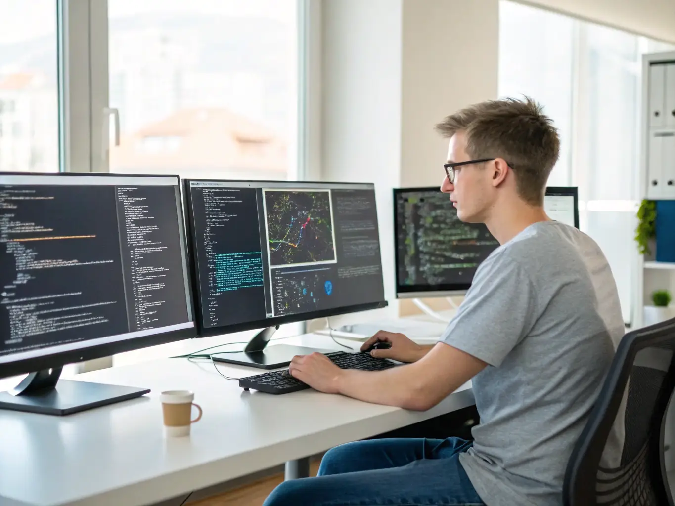 An AI specialist is working on a complex algorithm, representing Guardian Consulting's AI solutions and their ability to drive automation and smarter decision-making.