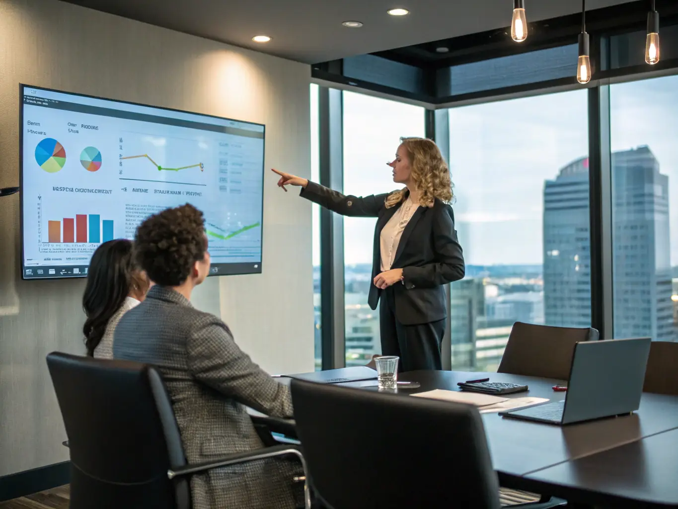 A consultant deeply engaged in a strategic planning session with a client, reviewing data and charts on a large display, symbolizing Guardian Consulting's commitment to providing expert consulting solutions.